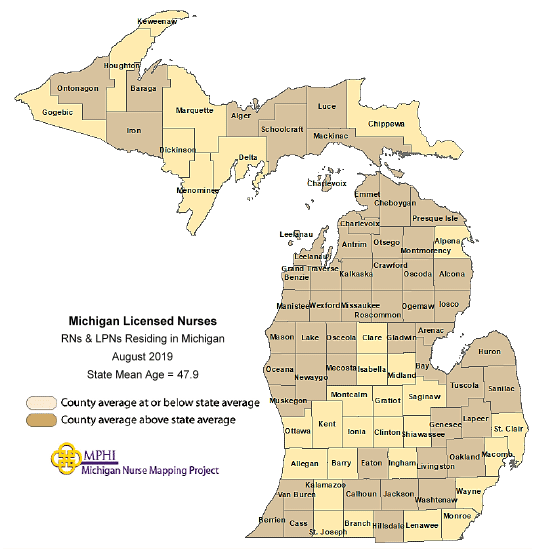 map depicting nurse mean age by county in 2019